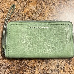 Marc Jacobs Light Green Pebbled Leather Zip Wallet Wristlet